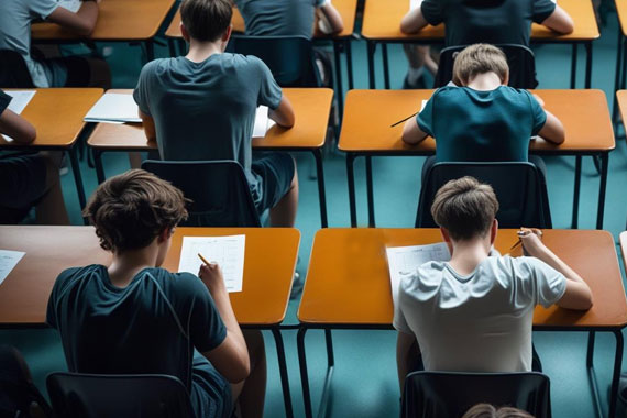 In einer großen Halle sitzen Teilnehmende an einzelnen Tischen und bearbeiten konzentriert den Test. Die Teilnehmenden sind von hinten zusehen.