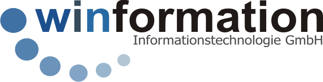 Schriftzug 'winformation' in großen Buchstaben und darunter kleiner zusätzlich 'Informationstechnologie GmbH' mit 6 Kreisen unter dem win. 